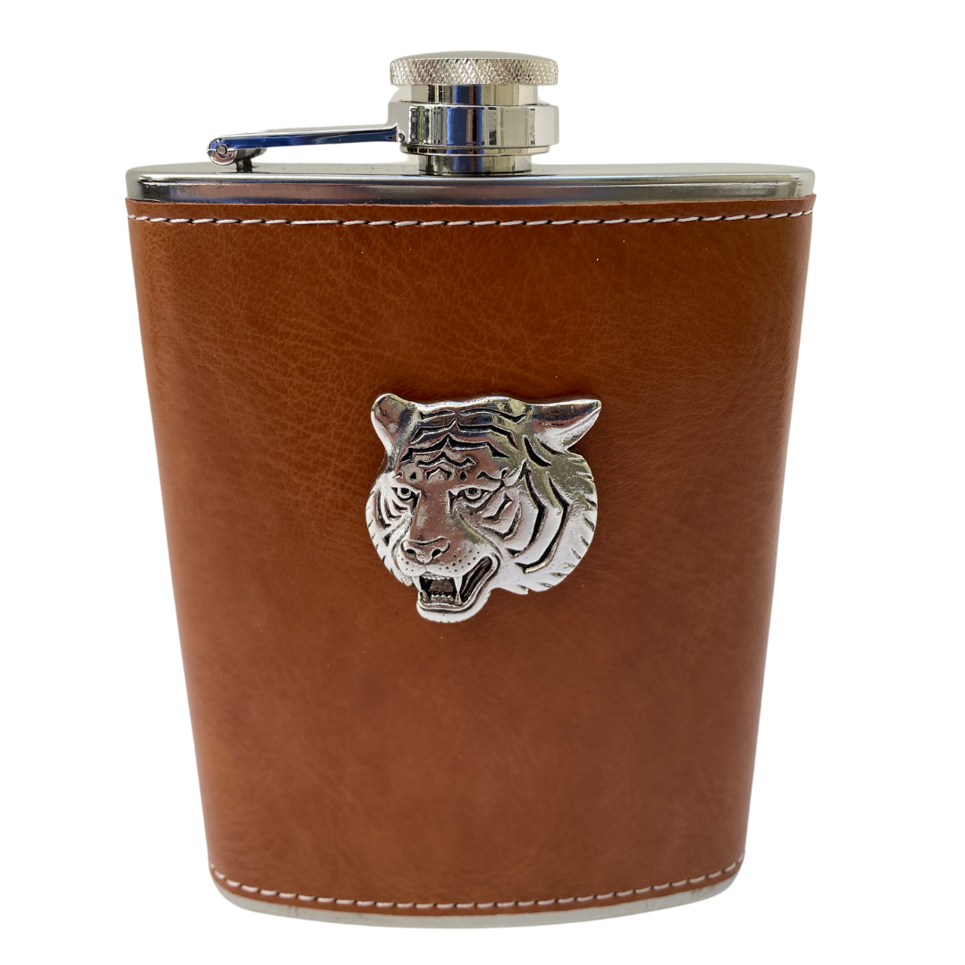 Brown Leather Flask with Silver Tiger Head medallion