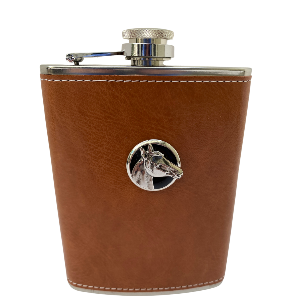 Brown leather flask with Silver horse head on black enamel setting | GIft for Horse Lover