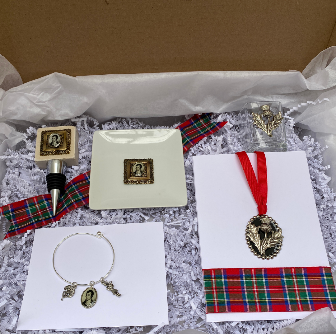Gift box for Scottish lover of Robert Burns Includes bottle stopper, trinket tray, bracelet and Christmas Ornament