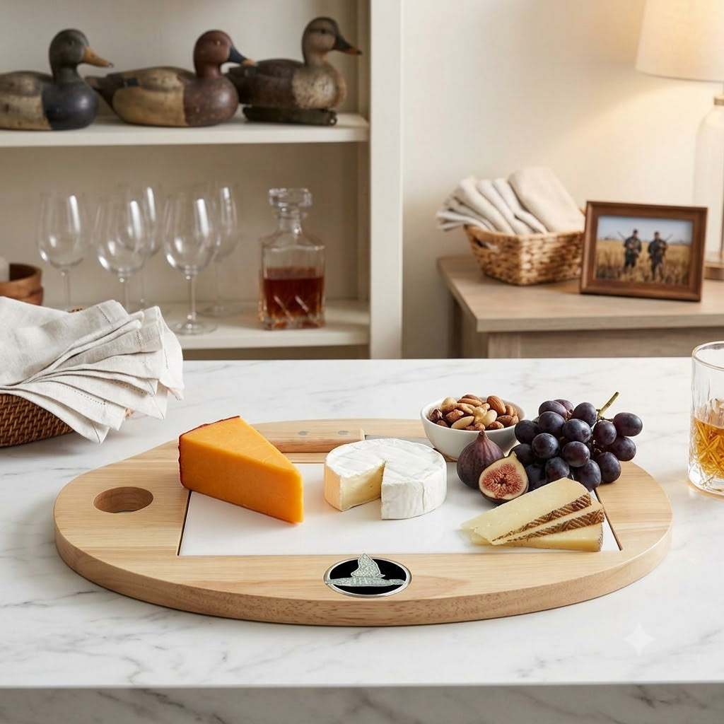 Our wood and tile cheeseboard features a silver medallion with black enamel and a silver duck.  This is a great gift for a duck hunter and duck lover.
