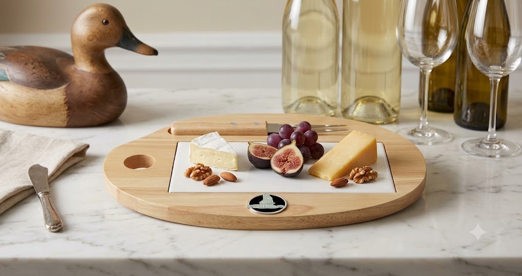 Our wood and tile cheeseboard features a silver medallion with black enamel and a silver duck.  This is a great gift for a duck hunter and duck lover.
