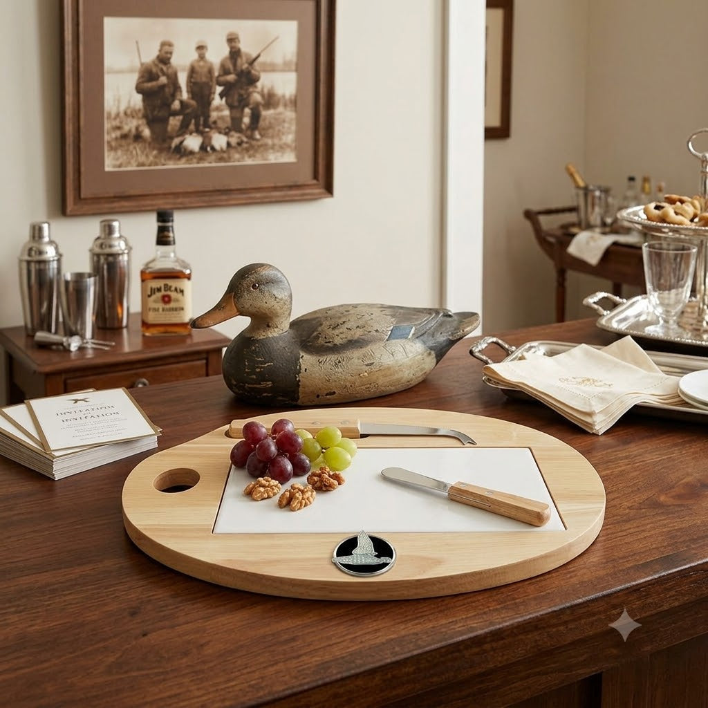 Our wood and tile cheeseboard features a silver medallion with black enamel and a silver duck.  This is a great gift for a duck hunter and duck lover.