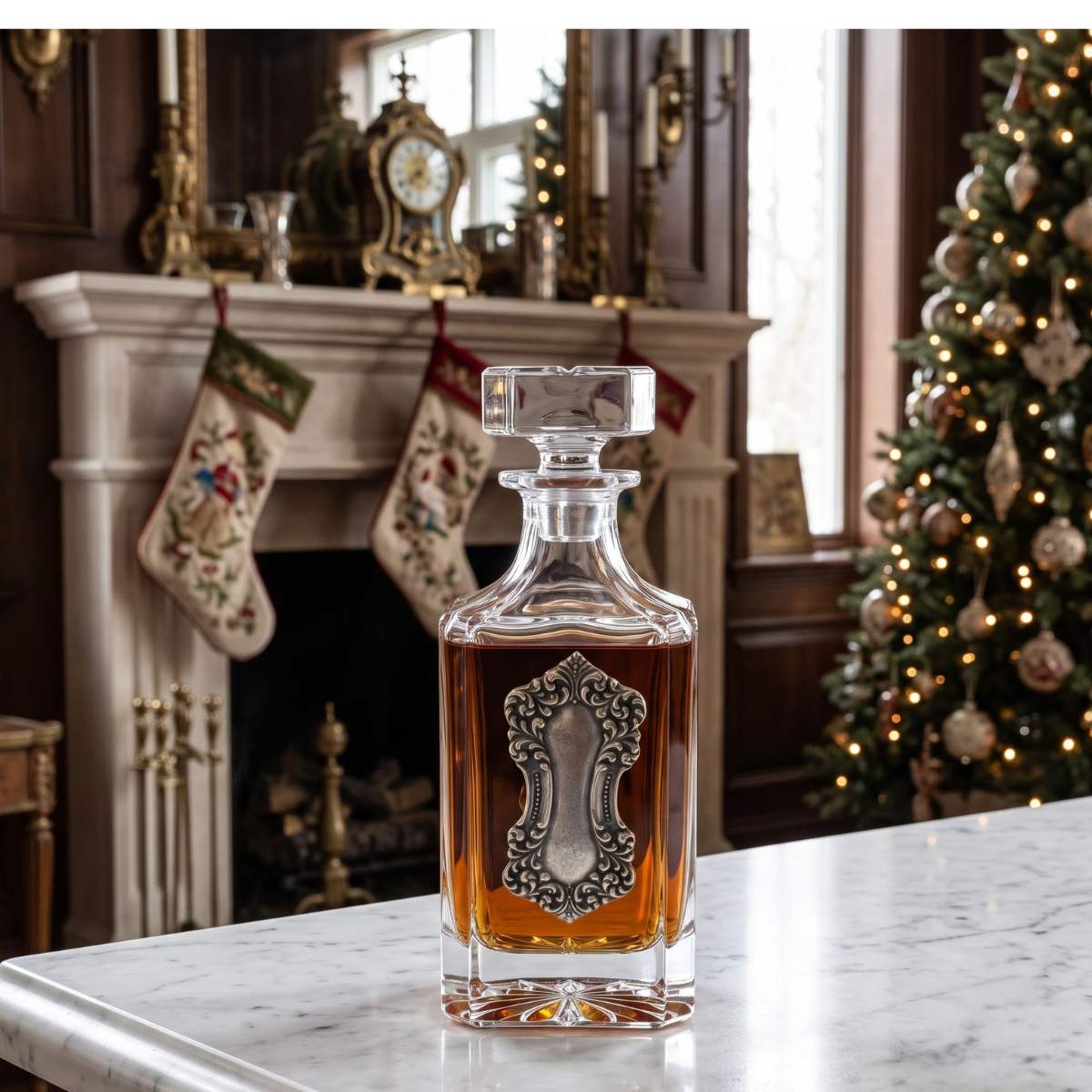 Crystal Decanter with Large Vintage art deco silver medallion.   This is a great gift for the bourbon lover and antique lover.   It is also the perfect gift to celebrate the Christmas and the holidays.