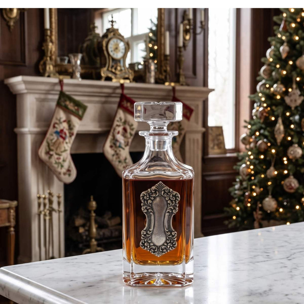 Crystal Decanter with Large Vintage art deco silver medallion.   This is a great gift for the bourbon lover and antique lover.   It is also the perfect gift to celebrate the Christmas and the holidays.
