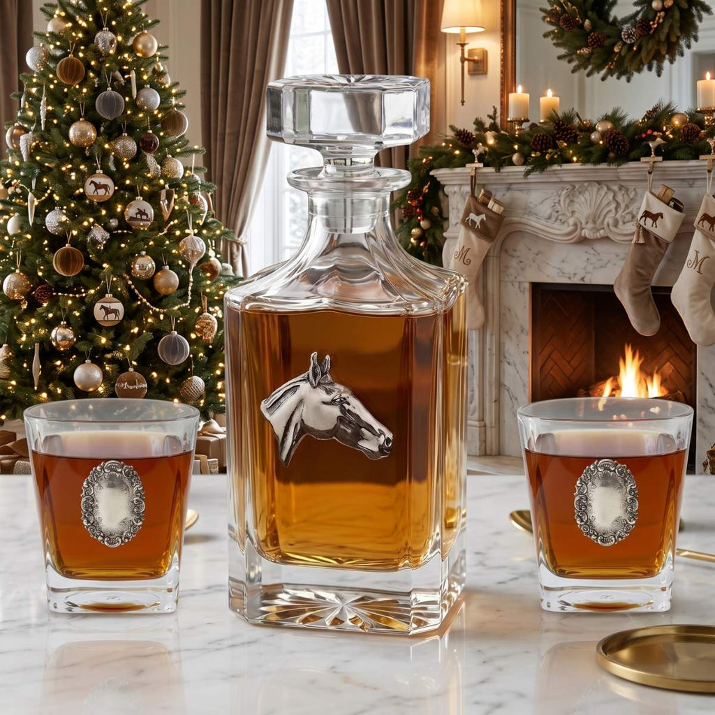 Decanter Set with Silver Horse Head and Two Bourbon Glasses | Great Christmas Gift