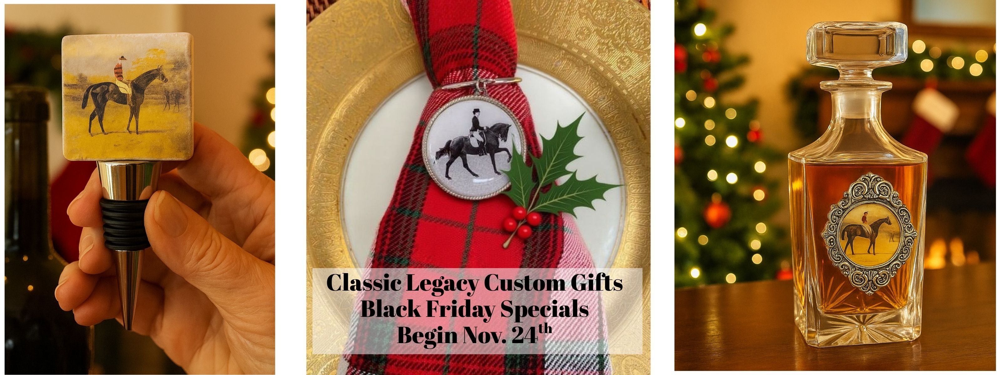 Christmas gifts for horse lovers by Classic Legacy include bottle stoppers, napkin rings, and decanters