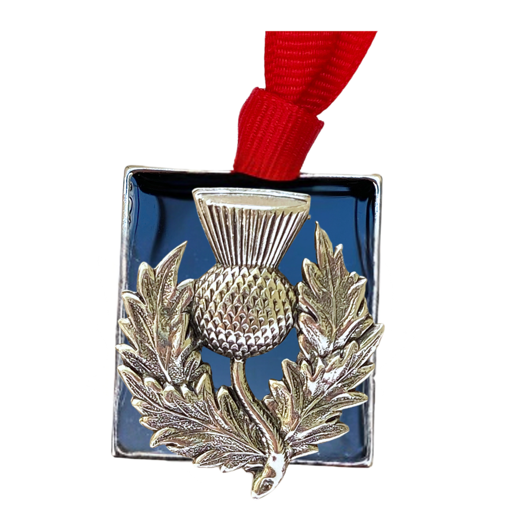 Christmas Ornament with Silver Thistle on Red Grosgrain ribbon Gift for Lover of Scotland