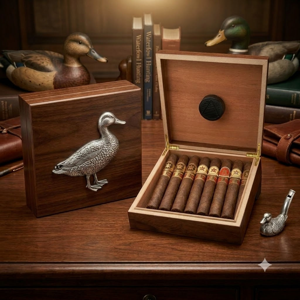 Cigar humidor for duck hunter and duck lover.  Available in colors blue or walnut.  Each features a large silver duck on the top of the box.