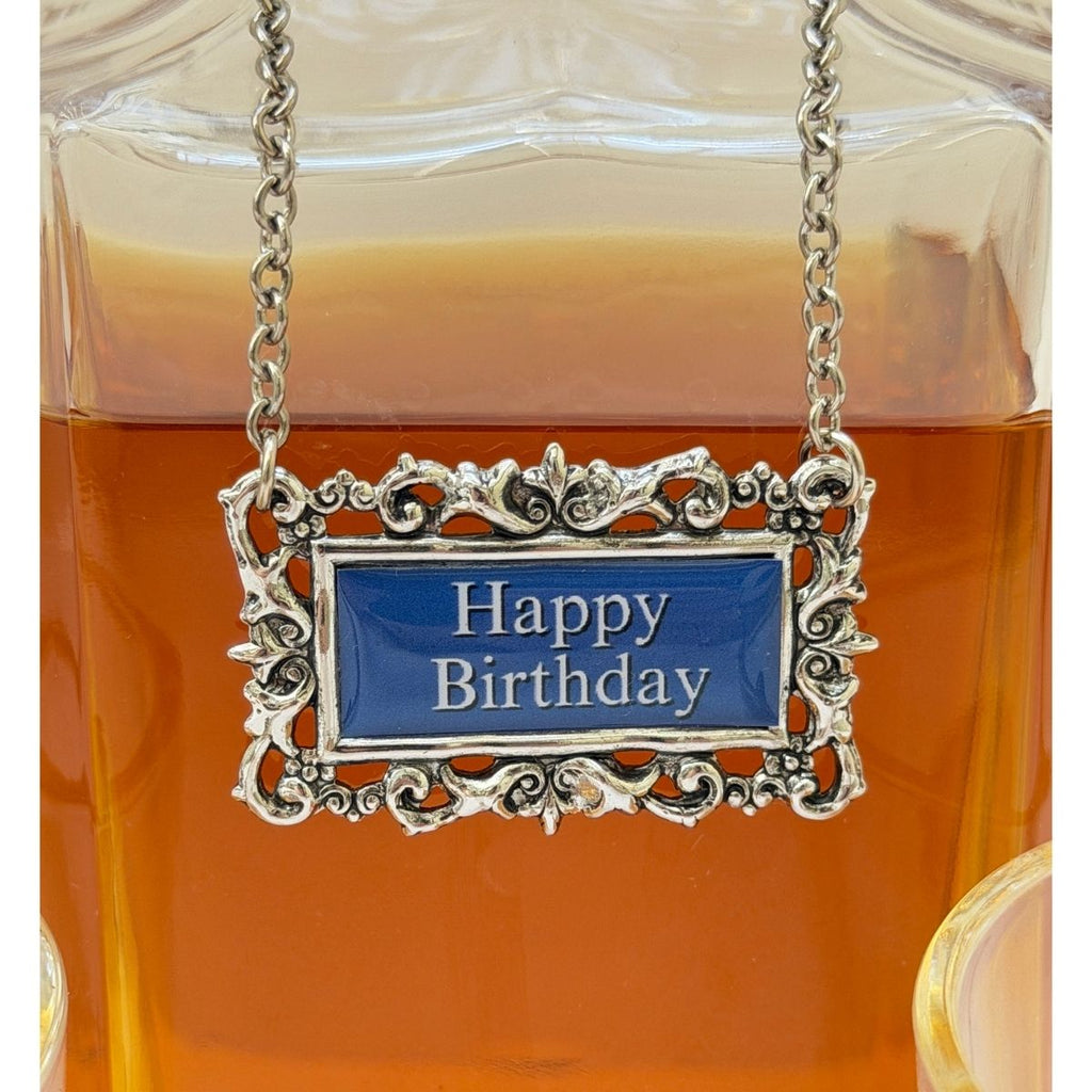 Close up view of the Happy Birthday Decanter label marker that is included i the Happy Birthday Decanter Set