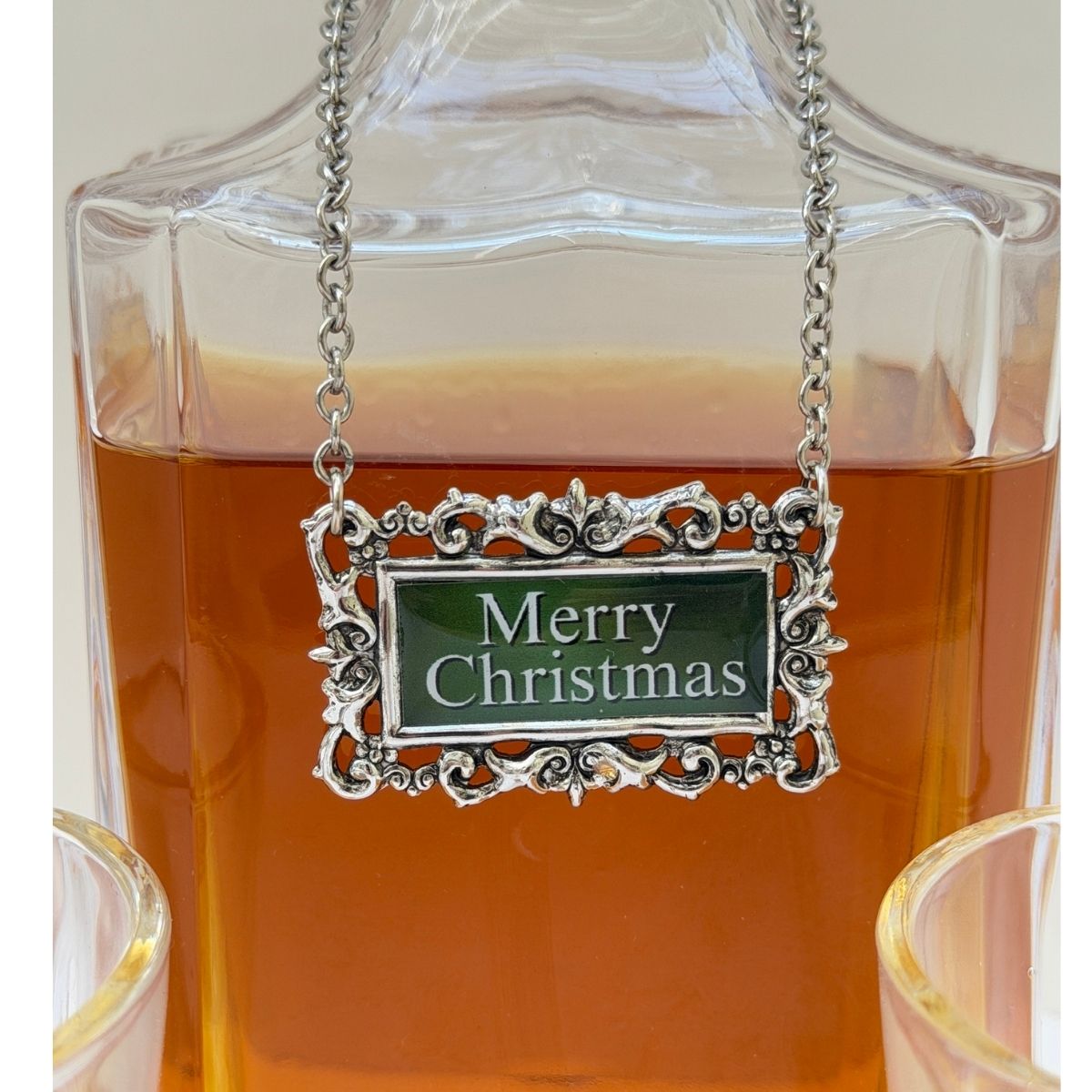 Close Up view of Merry Christmas Decanter Marker Green