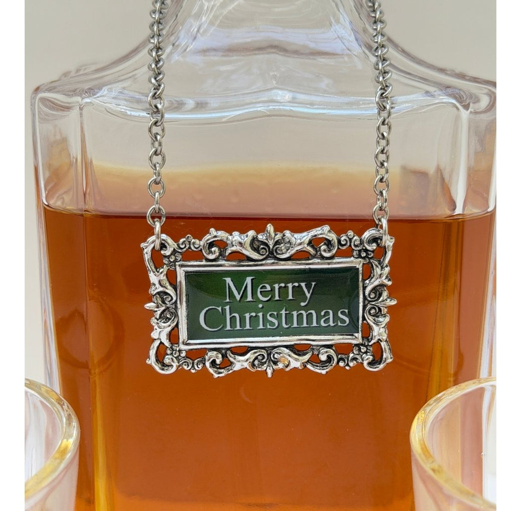 Close Up view of Merry Christmas Decanter Marker Green