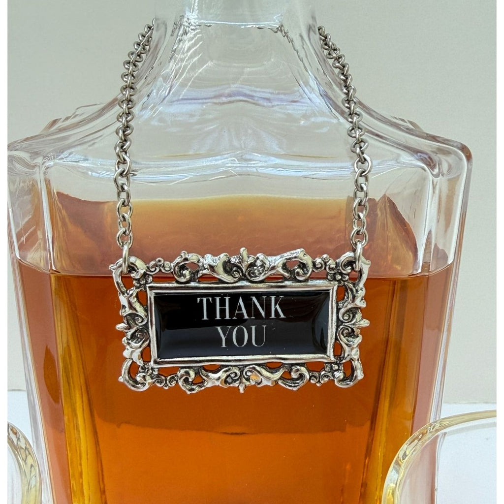 close up view of the decanter marker that is in the "Thank you Decanter set"