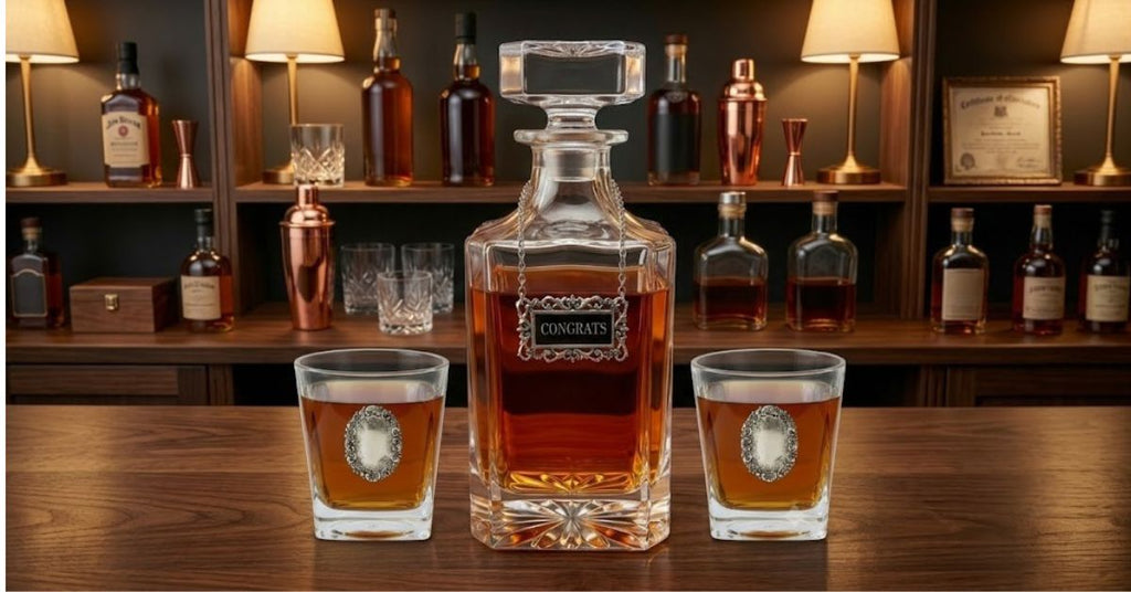 The Classic Legacy Congrats decanter set features a large decanter with a silver medallion marker that says "Congrats".   It also comes with two bourbon glasses that have silver medallions.   It is a great gift for a congratulatory event. 
