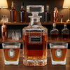 The Classic Legacy "Congrats"  decanter features an elegant bourbon marker with the word "Congrats".  The set also includes two bourbon glasses that are embellished with silver medallions.