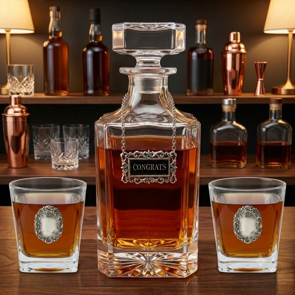 The Classic Legacy "Congrats"  decanter features an elegant bourbon marker with the word "Congrats".  The set also includes two bourbon glasses that are embellished with silver medallions.