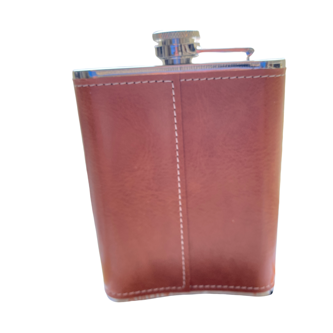 Brown Leather Flask, Silver Horse Racing Medallion, Racehorse Fan Gift