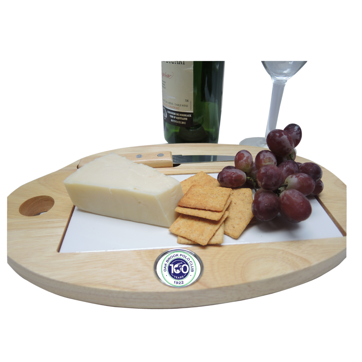 Our custom wooden and white tile cheese board is personalized with a silver medallion that features your logo, art, or photograph.   MINIMUM ORDER QUANTITIES APPLY.  This is a wonderful personalized gift.   Shown is the cheeseboard designed for Oak Brook Polo Club.