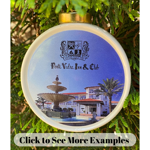 The Custom China Christmas ornament is a porcelain drum shape ornament featuring your logo or art.  Each is hand-crafted and comes in a gift box with a clear lid.  Shown here is the design for Ponte Vedra Inn and Club.