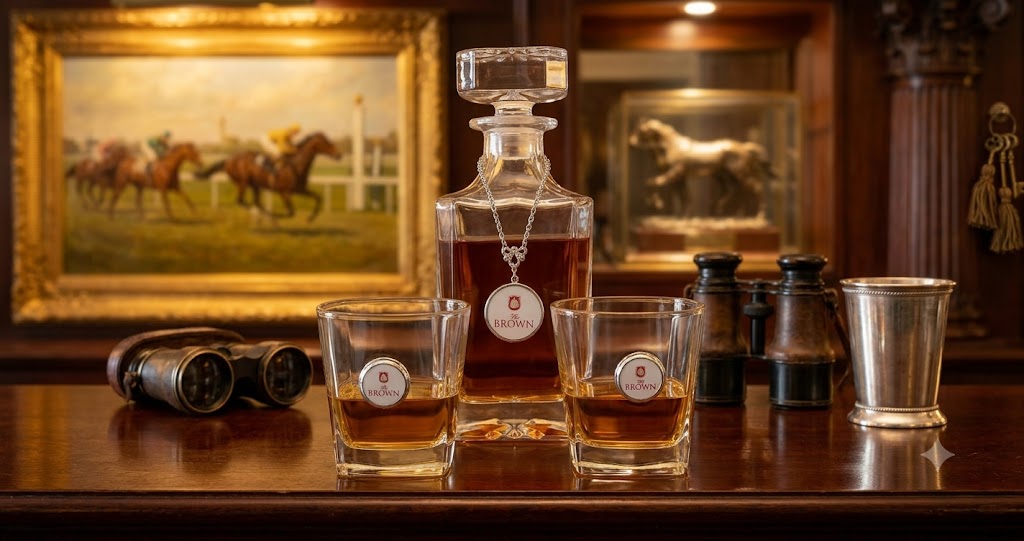 A custom clear glass whiskey decanter with a stopper and two matching rocks glasses filled with amber liquor, arranged on a polished wooden bar. A horse-and-race painting hangs in the background, along with dark bottles and a silver cup.