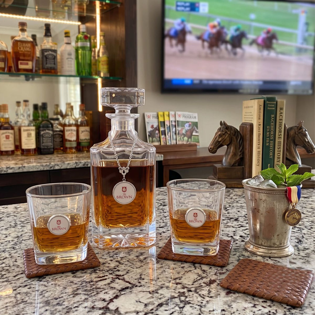Custom Decanter Set with Chain Marker and two Custom Bourbon Glasses with Logo