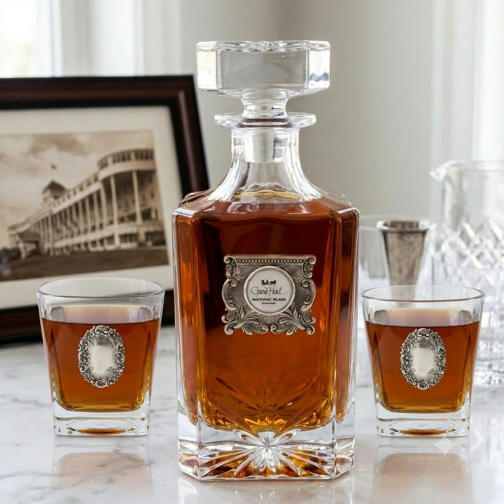 Custom Decanter Set with Silver Vintage Medallion and YOUR custom logo.   The set includes a large decanter and two bourbon glasses with silver medallions.