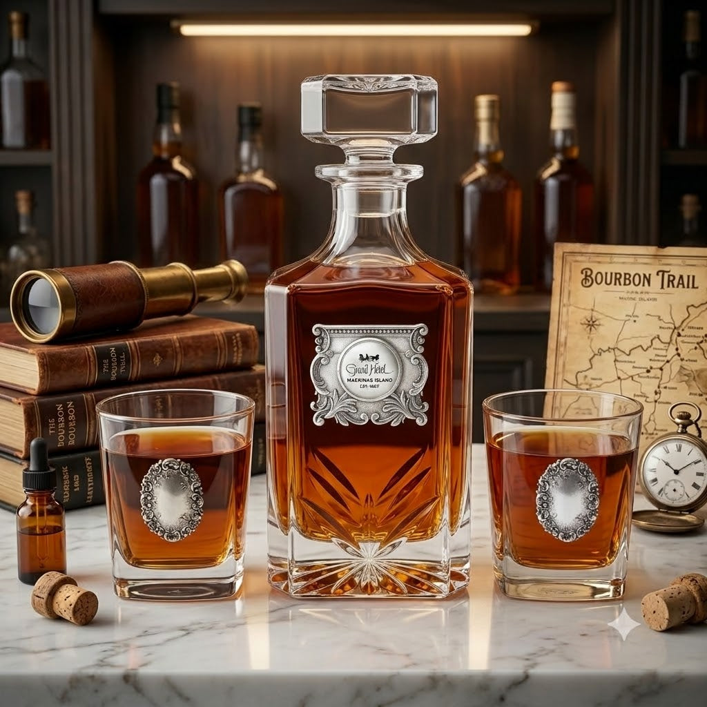 Custom Decanter Set with Silver Vintage Medallion and YOUR custom logo.   The set includes a large decanter and two bourbon glasses with silver medallions.