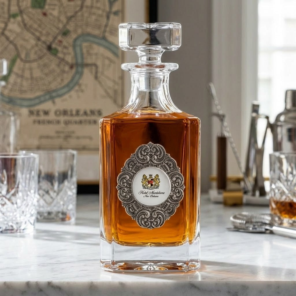 The Classic Legacy custom decanter features a large oval silver medallion and in the center is the unique logo of the customer.  Each is handcrafted in the USA and individually boxed.   This  is a great corporate gift, gift for a hotel, or a gift for a museum. 