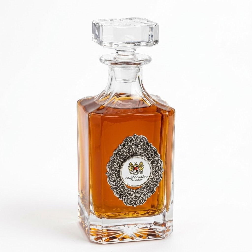 Custom Decanter with large silver medallion with personalized logo in the center.  This is a great corporate gift.