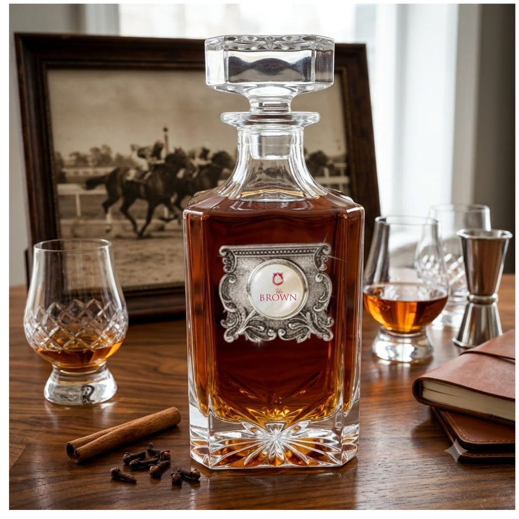 The Classic Legacy custom decanter features a large silver medallion and in the center is the unique logo of the customer.  Each is handcrafted in the USA and individually boxed.   This  is a great corporate gift, gift for a hotel, or a gift for a museum. 