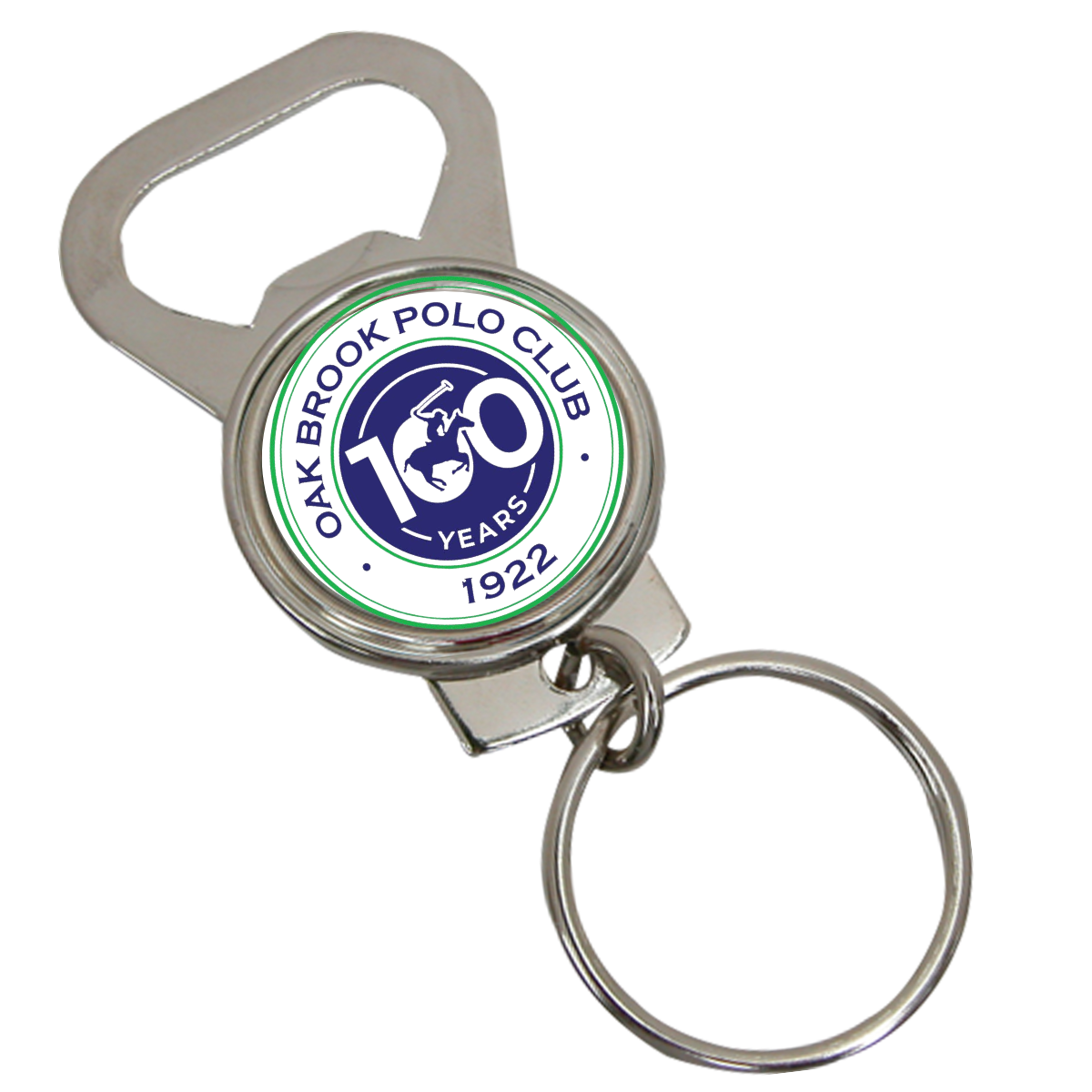 .Our custom key rings feature your art, logo, or photograph.  These key rings feature a round silver setting with a custom logo measuring 1.25".  This design was created for Oak Brook Polo Club.