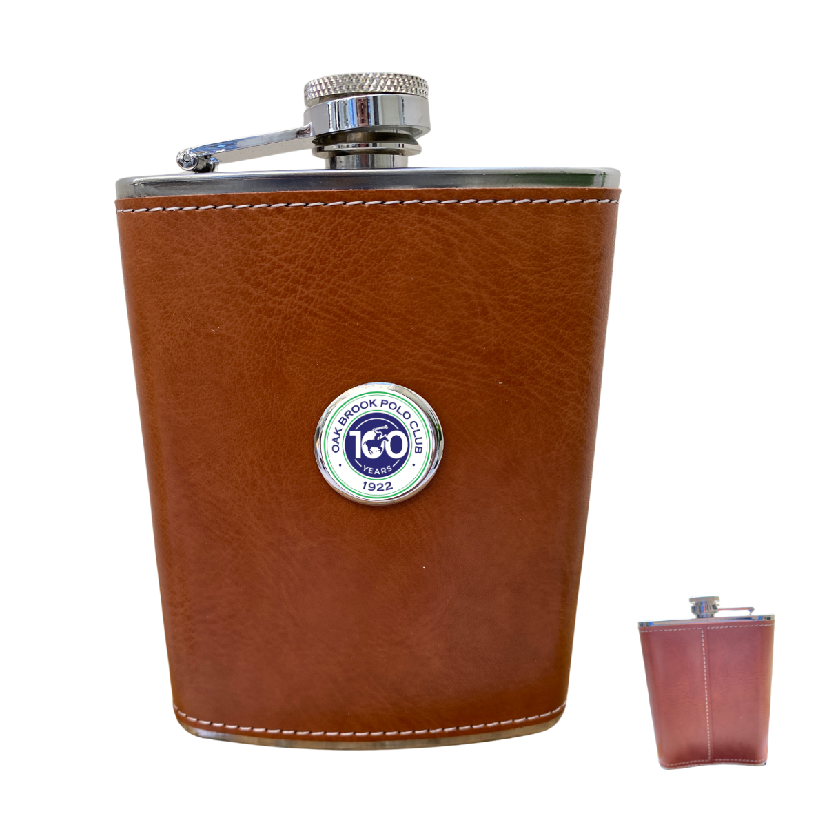 Custom Leather Flask with Company Logo | Great Corporate Gift for Events  This photo shows the design of the Oak Brook Polo Club.