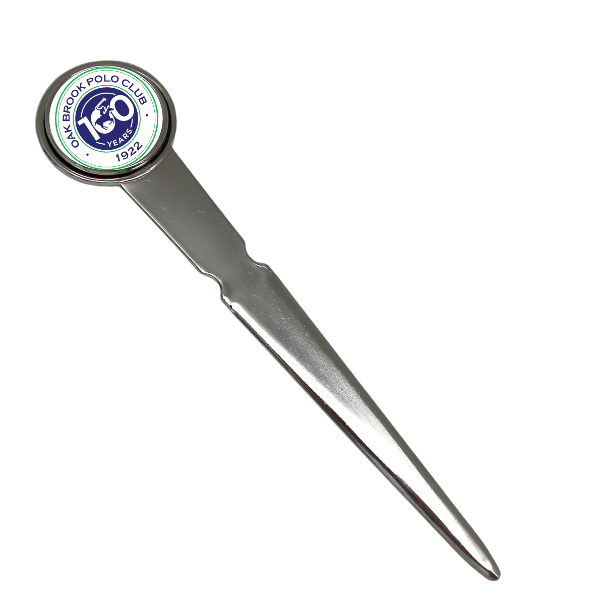 A custom silver letter opener with a round head featuring a logo or art, positioned on a plain background.