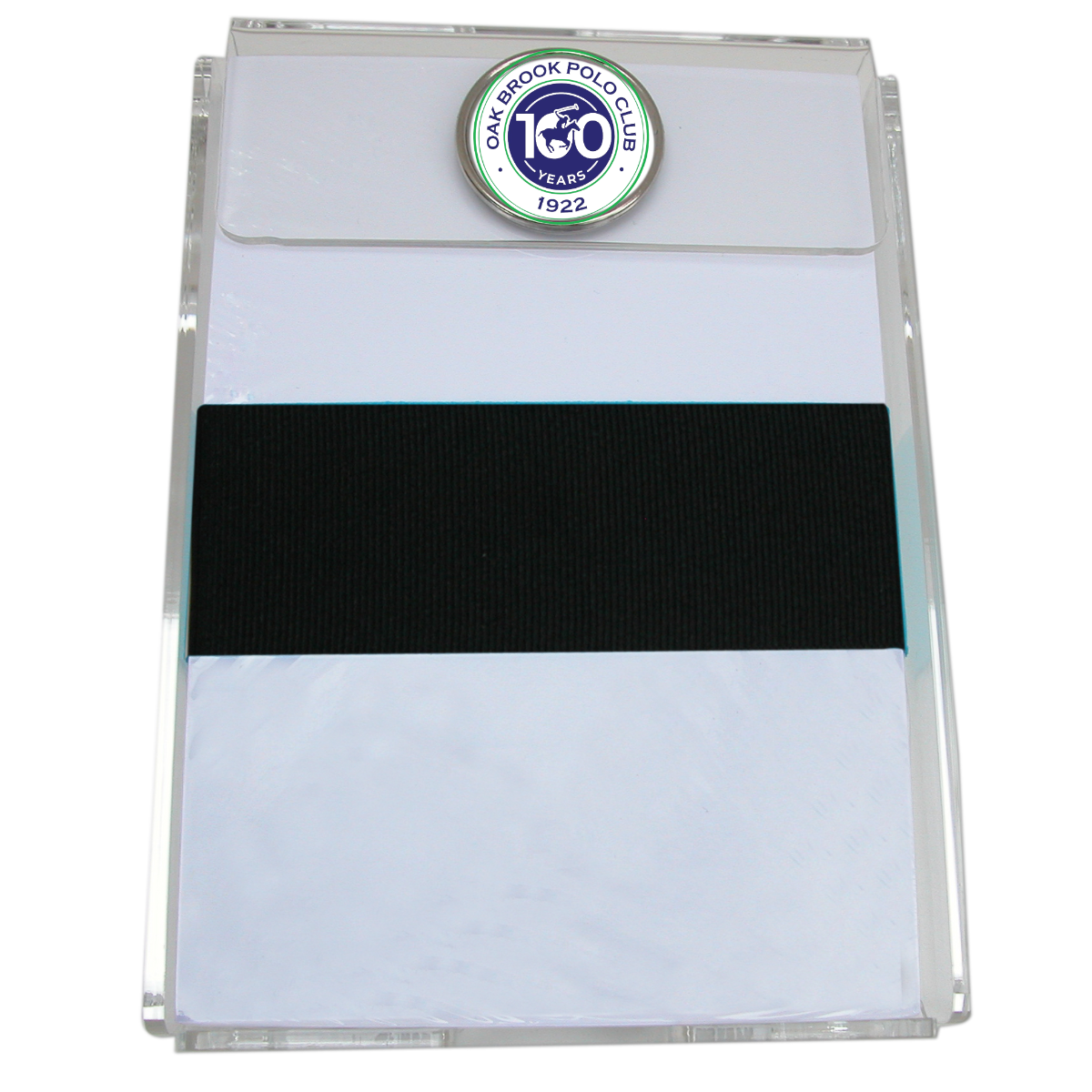 The Custom Classic Legacy notepad holder is acrylic and holds an abundant supply of white paper.  It is embellished with a silver setting featuring your logo.