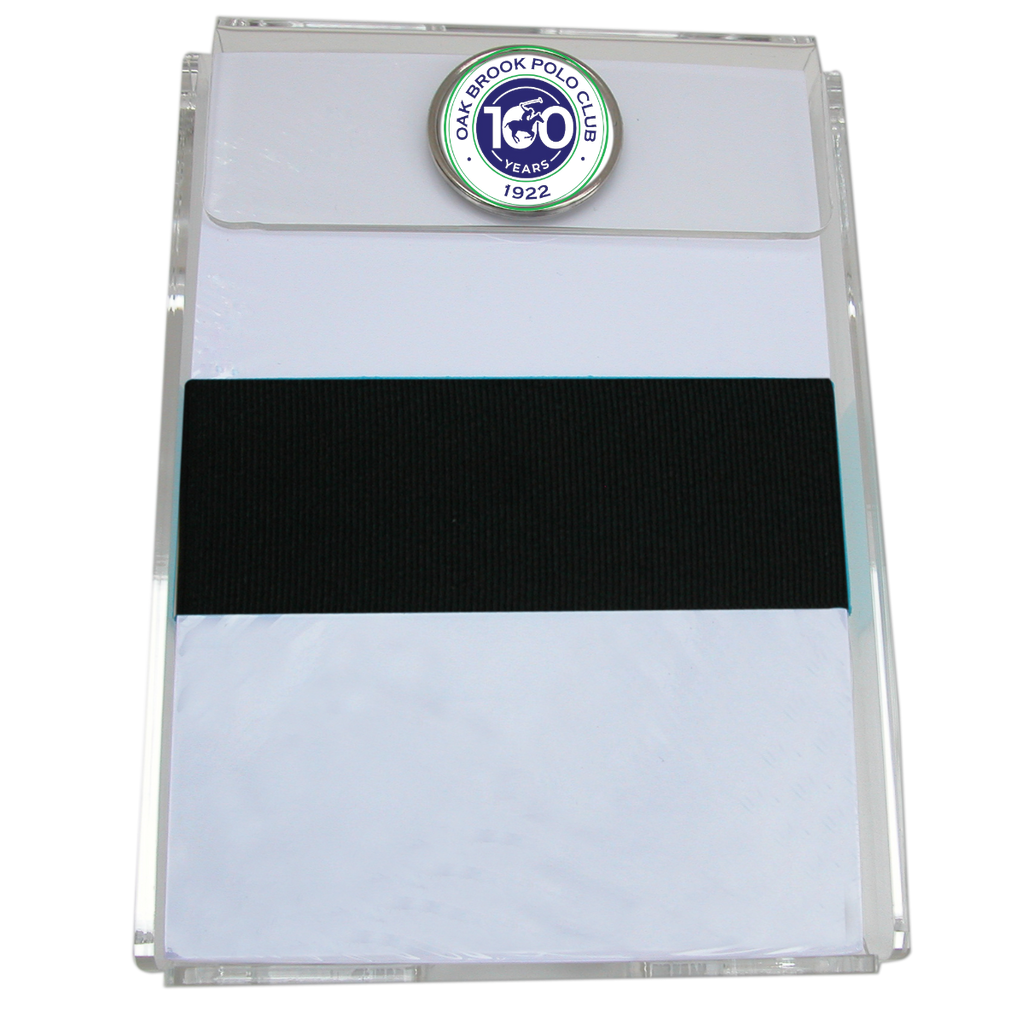 The Custom Classic Legacy notepad holder is acrylic and holds an abundant supply of white paper.  It is embellished with a silver setting featuring your logo.