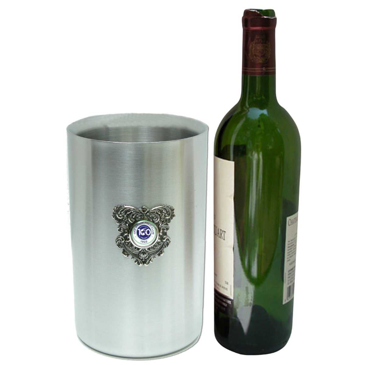 The Classic Legacy stainless steel wine cooler is embellished with a large silver medallion that features a custom logo setting in the center.  This is an elegant corporate event gift.