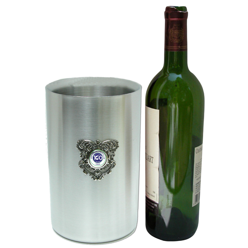 The Classic Legacy stainless steel wine cooler is embellished with a large silver medallion that features a custom logo setting in the center.  This is an elegant corporate event gift.