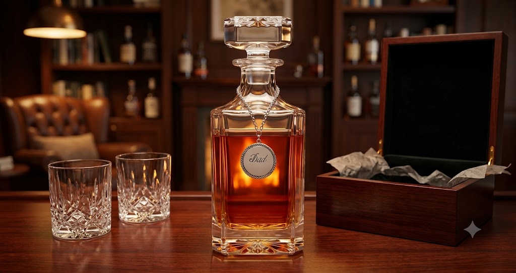 Dad Decanter Gift for Dad on Birthday, Father's Day, or Christmas Shown on wood table