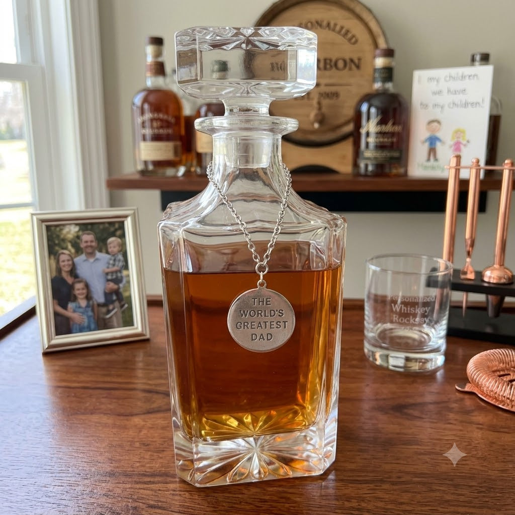 Decanter with Medallion that says "The World's Greatest Dad"   on wooden table