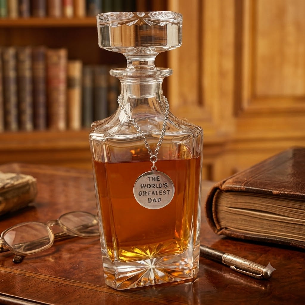 Decanter with medallion that says World's Greatest Dad for bourbon lover