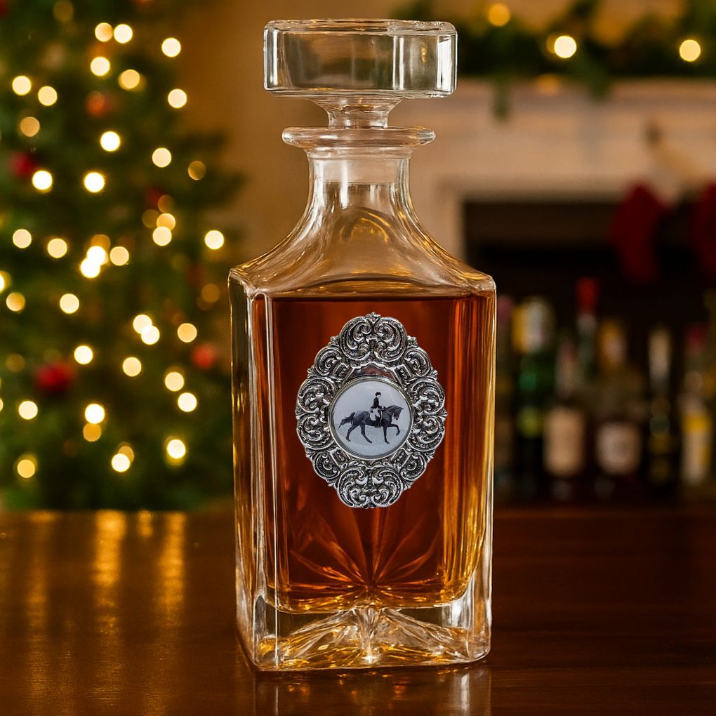Dressage theme decanter with Christmas scene in the background