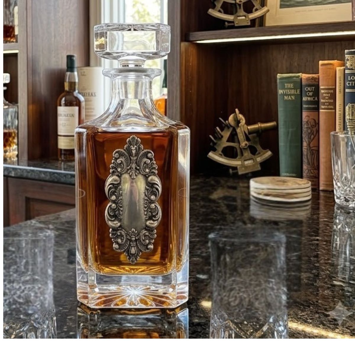 Decanter with Fancy Vintage Silver Medallion Gift for Lover of Bourbon and Antiques Shown on black marble counter