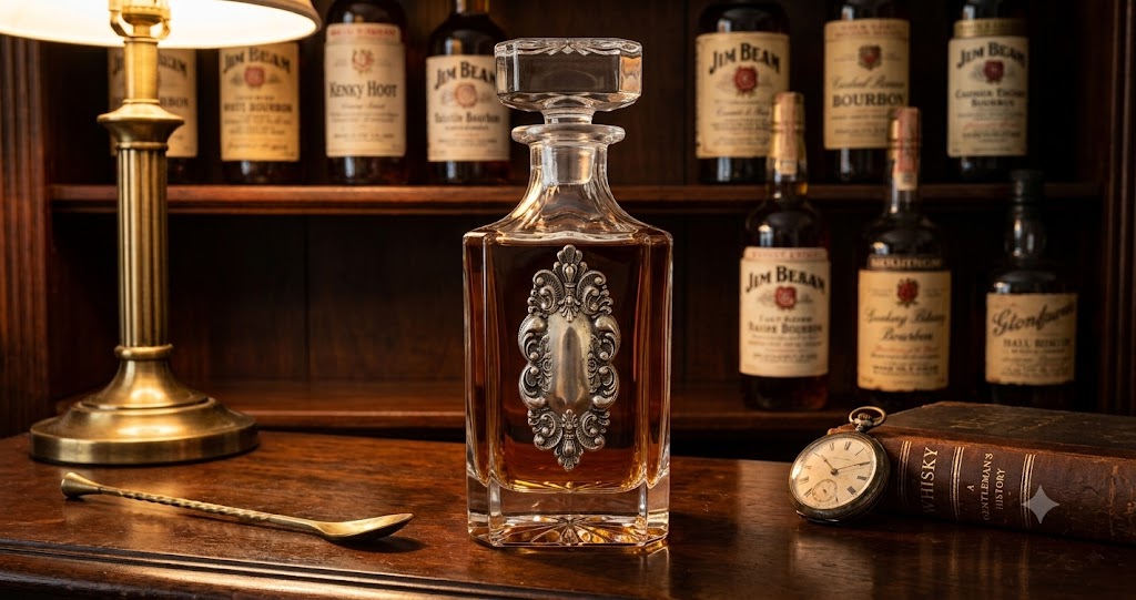 Decanter with Fancy Vintage Silver Medallion Gift for Lover of Bourbon and Antiques Shown on wood counter of home bar.