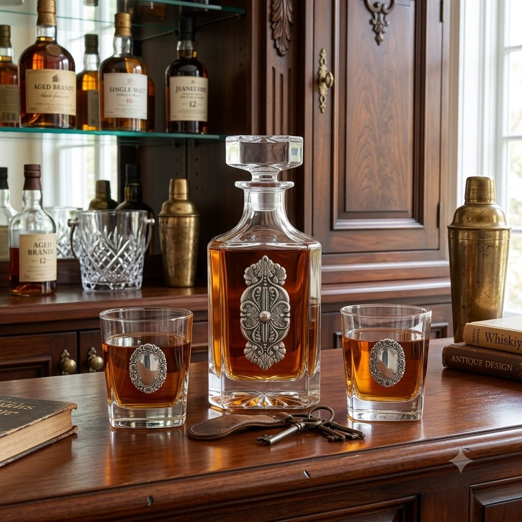 Decanter with Vintage-Inspired  Silver Medallion | Gift for lover of Antiques