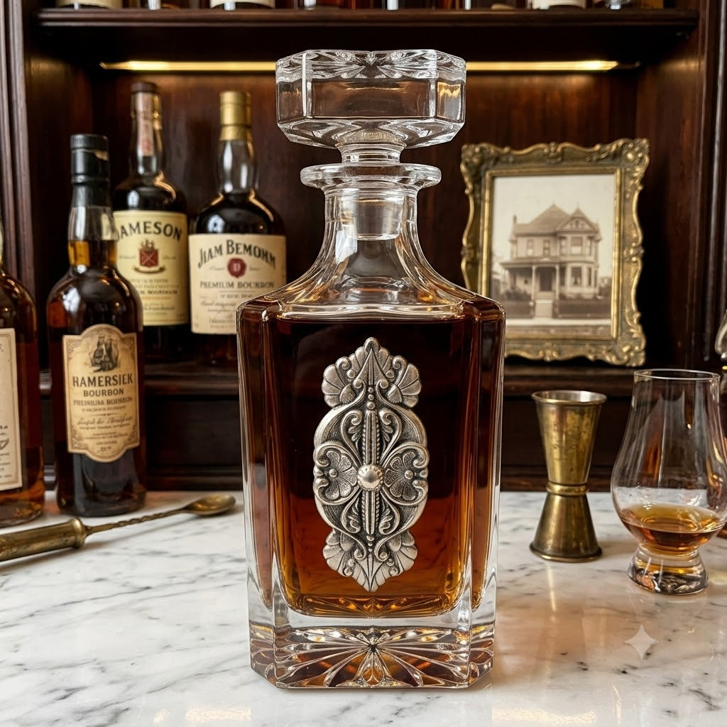 Decanter with Vintage-Inspired  Silver Medallion | Gift for lover of Aniques