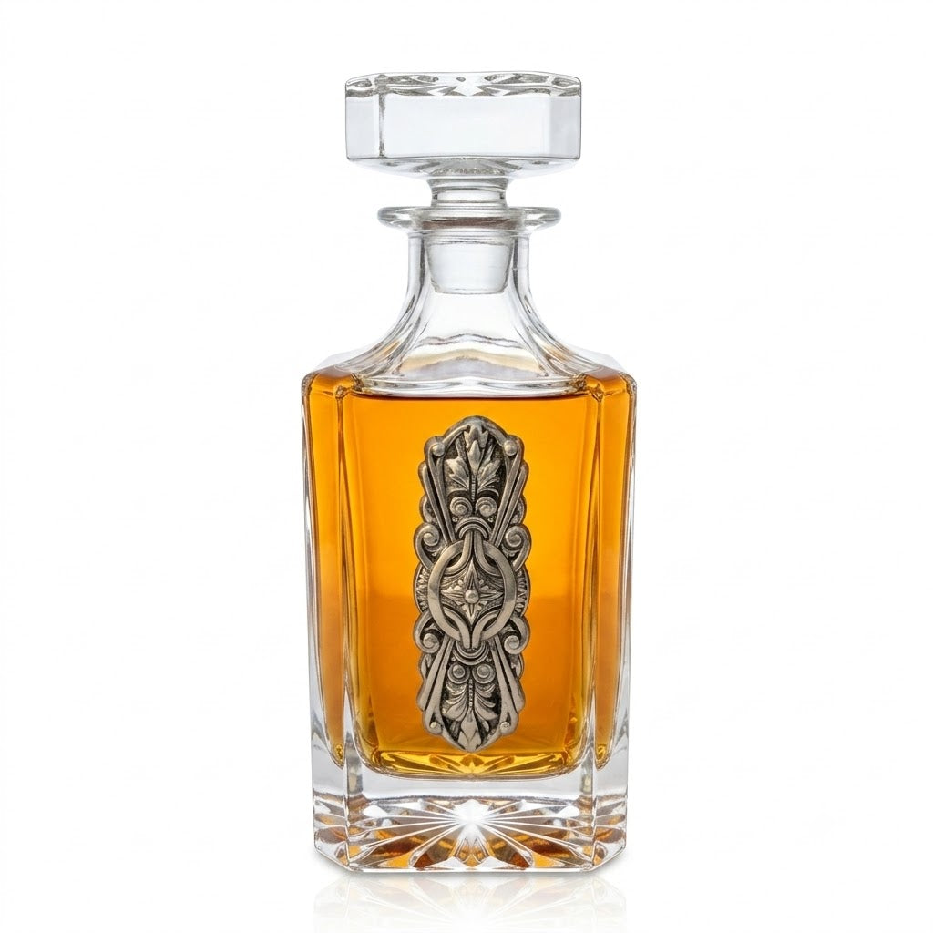 Decanter with elegant vintage silver medallion.  Great gift for bourbon lover and antique lover. 