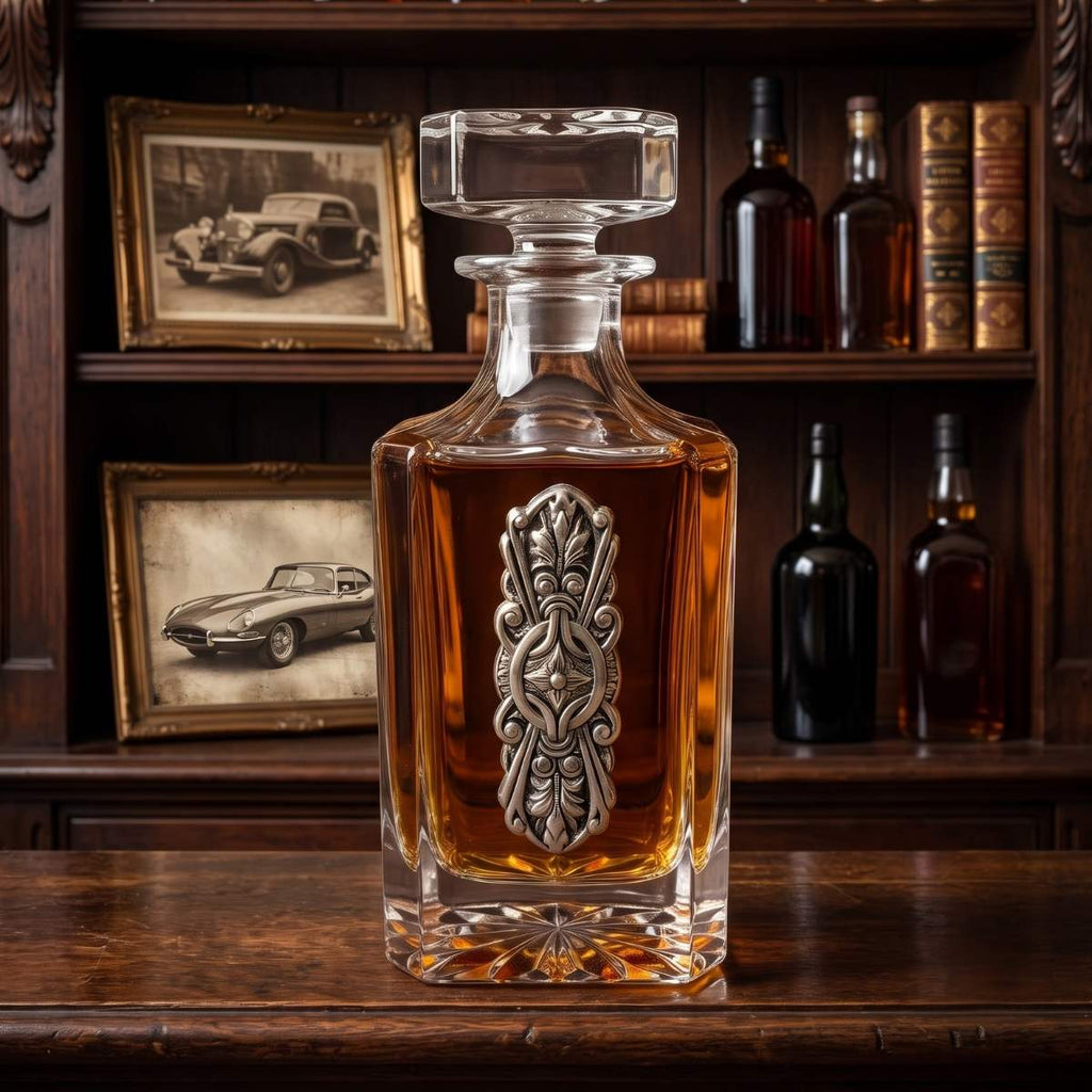 A clear glass whiskey decanter with a stopper, filled with amber liquid, featuring an ornate silver metal emblem on the front. The decanter is set on a dark wooden table with a matching wooden shelf in the background containing framed vintage car photos and other bottles.
