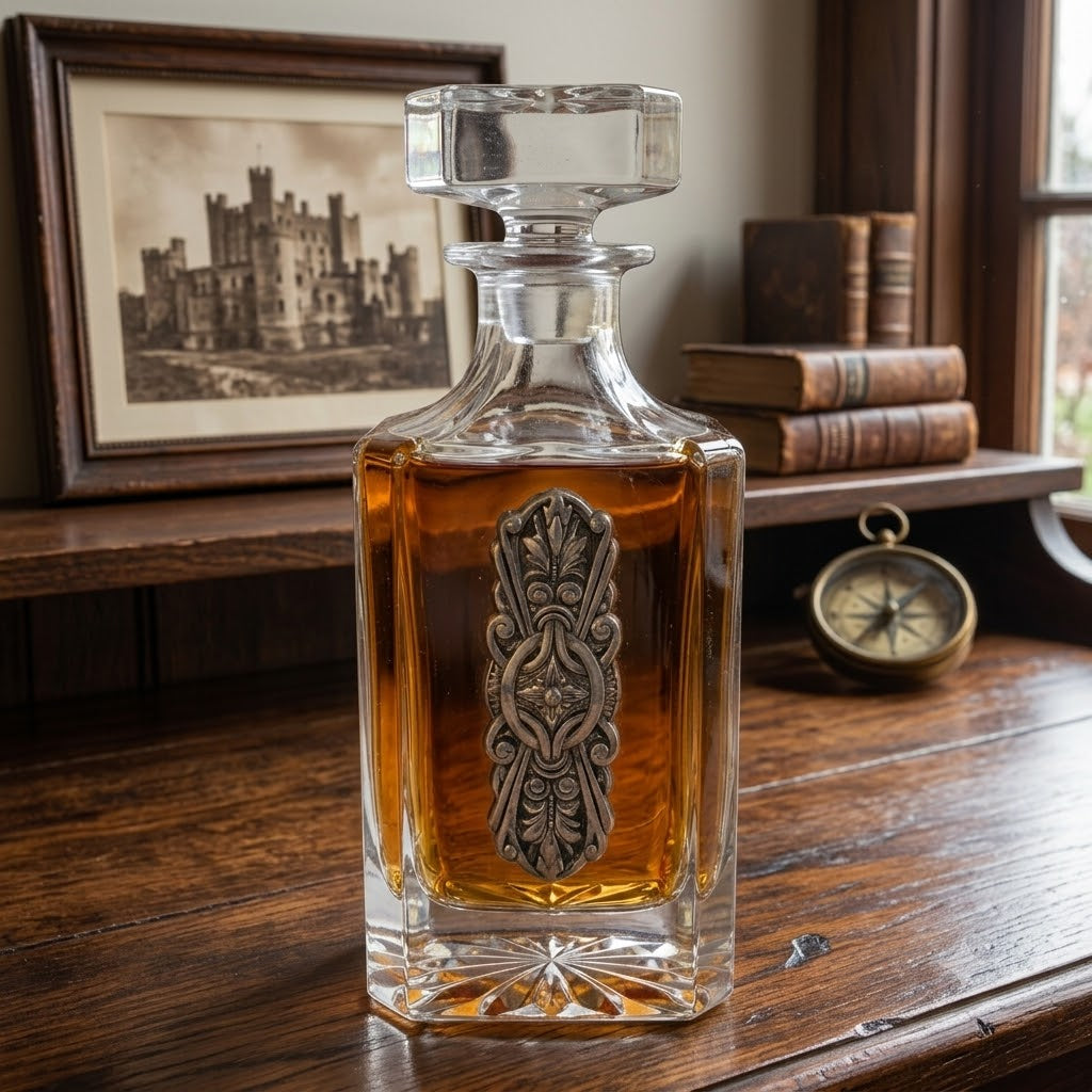 Decanter with elegant vintage silver medallion.  Great gift for bourbon lover and antique lover. 