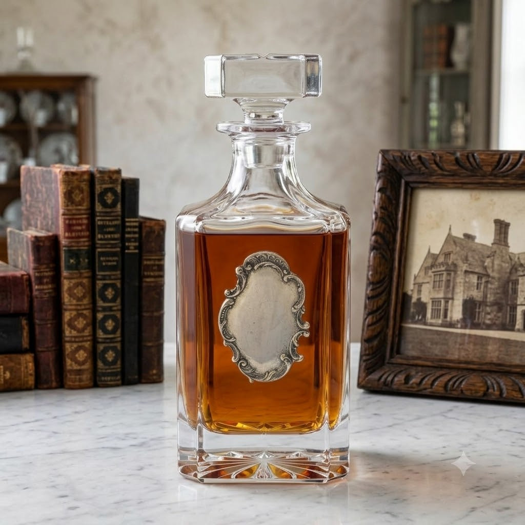 Crystal decanter with large silver medallion.  Great gift for 15th anniversary which is the crystal anniversary.