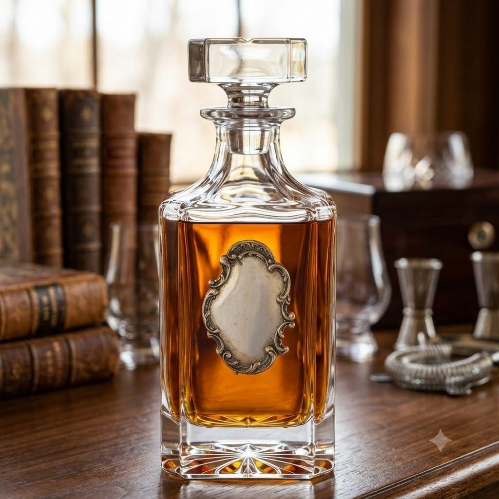 Crystal decanter with large silver medallion.  Great gift for 15th anniversary which is the crystal anniversary.