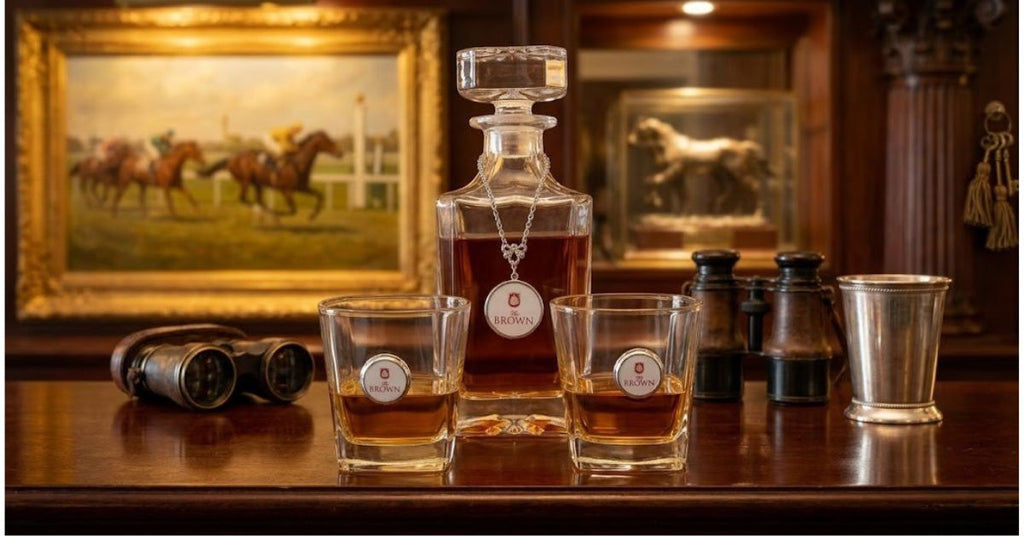 Decanter Set with Chain Marker and Custom Logo and 2 bourbon glasses